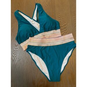 Vimpunec Womens Teal Blue High Waisted Bikini Set Chevron Trim Size XL NWT